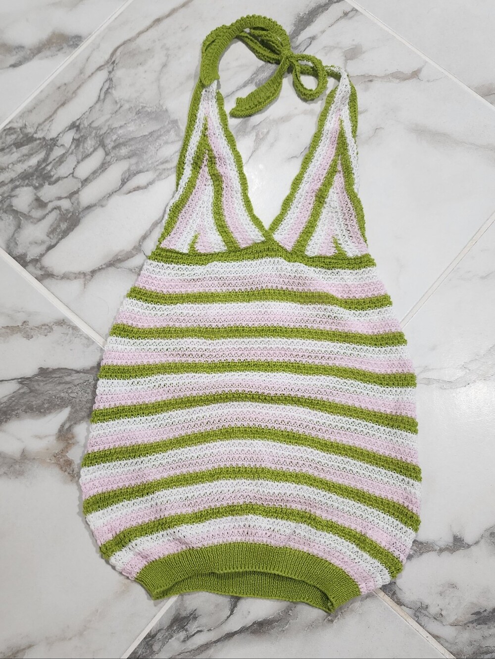 Crochet Halter Tank Top in Green & Light Pink Stripes - Y2k